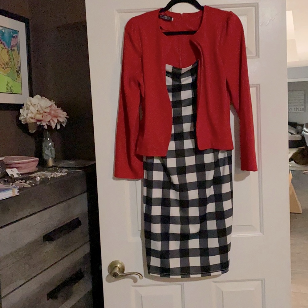 Black and white plaid dress Red top